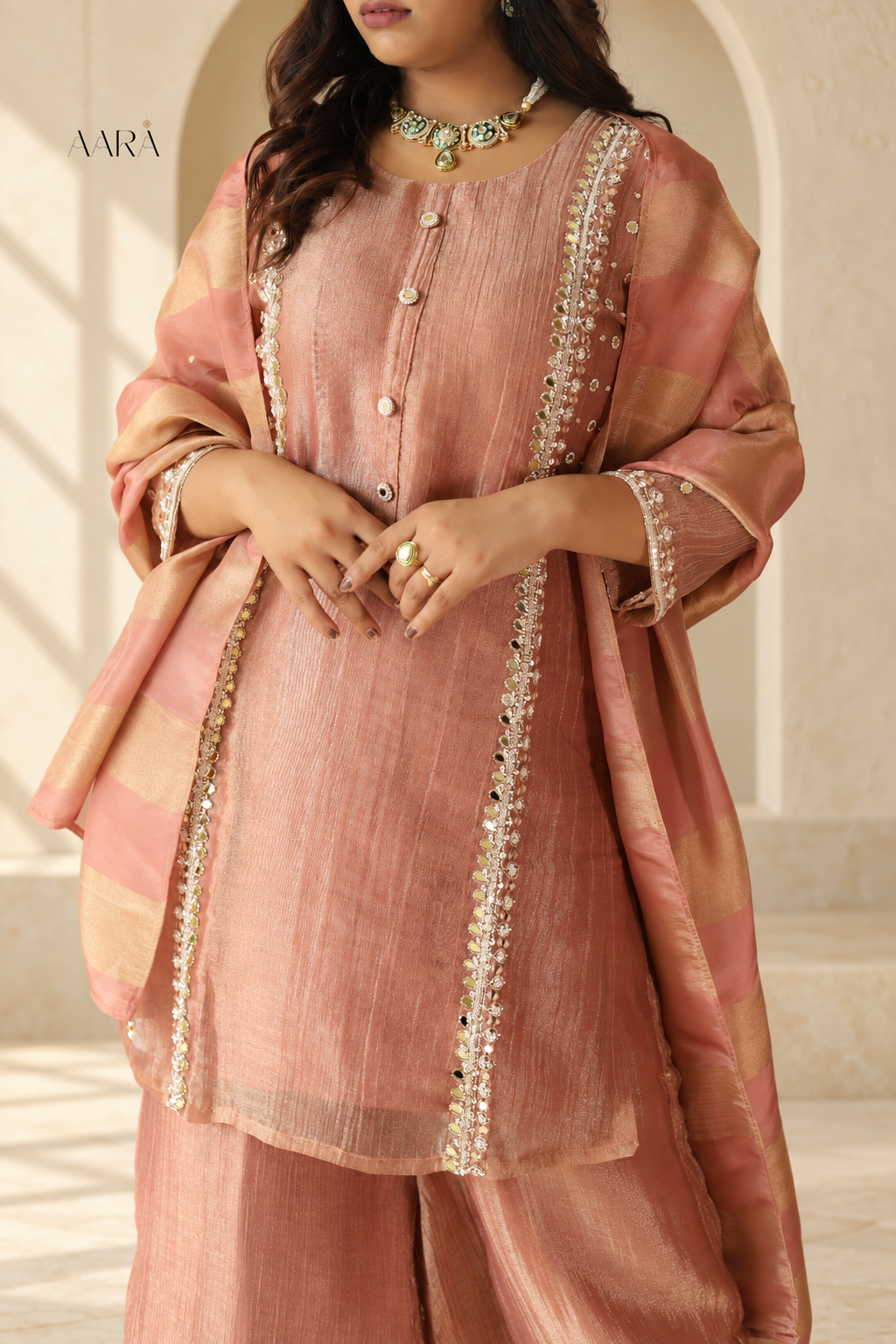 Peachish Orange Tissue Kurta Set with Palazzo