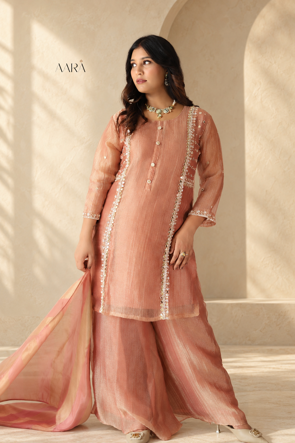 Peachish Orange Tissue Kurta Set with Palazzo