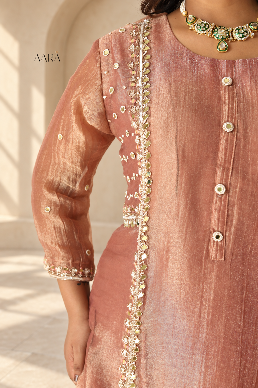 Peachish Orange Tissue Kurta Set with Palazzo