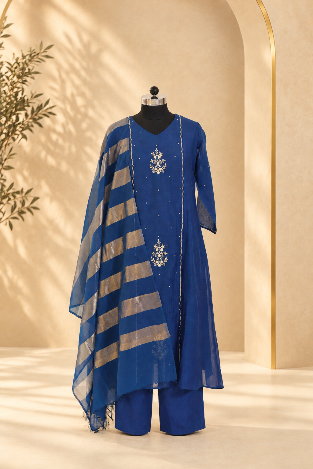Amaira - Blue Embroidered Straight Kurta Set with Striped Dupatta