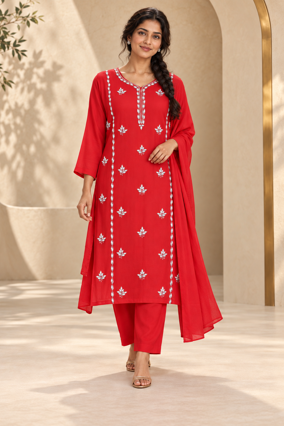Amaira - Red Embroidered Straight Kurta Set with Dupatta
