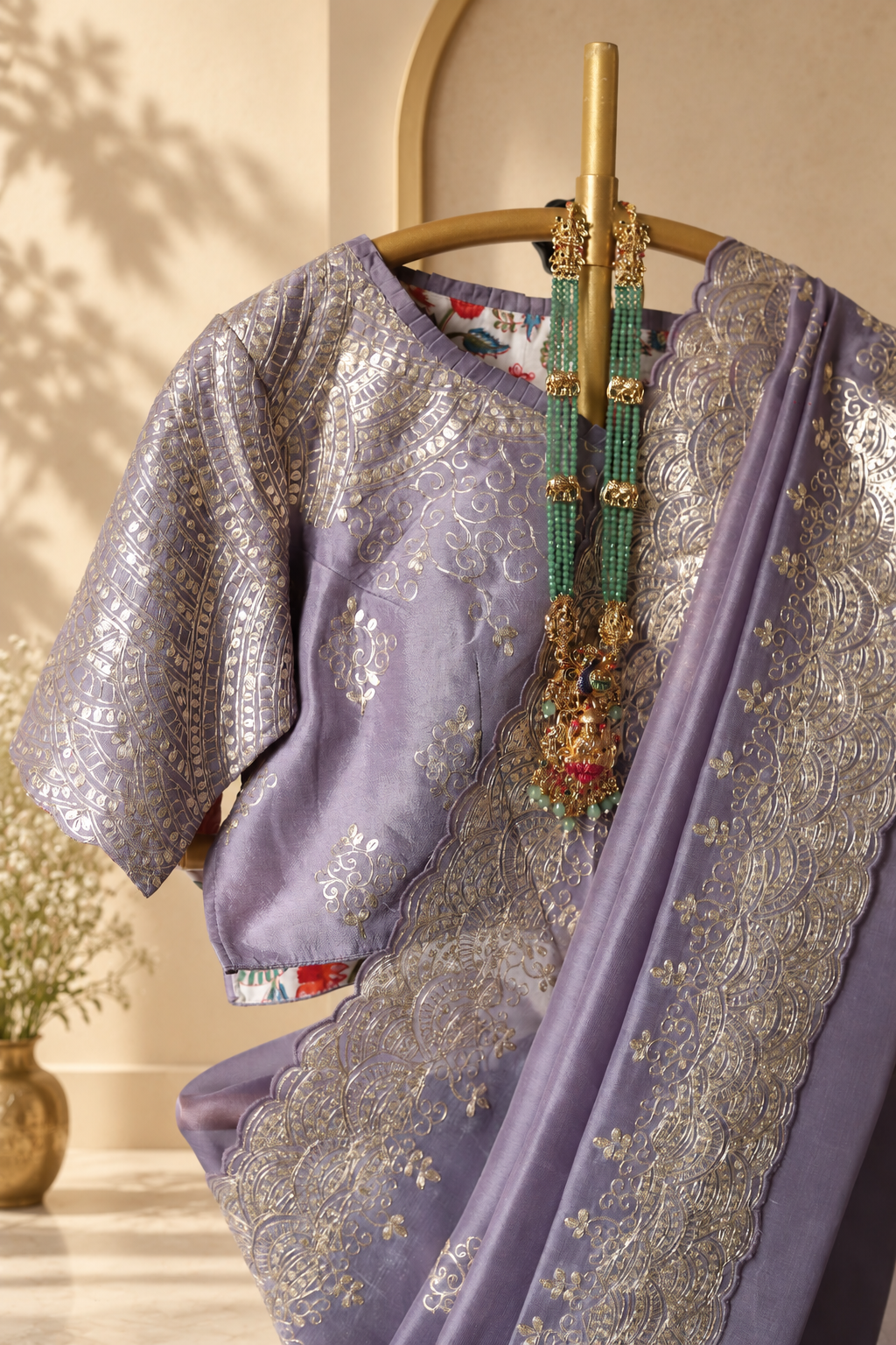 Riva - Lavender Silk Tissue Saree with Embroidered Scalloped Border