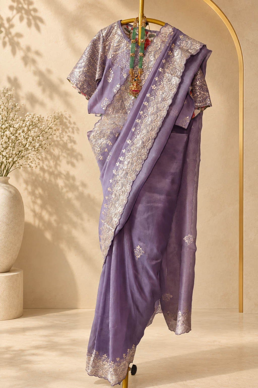 Riva - Lavender Silk Tissue Saree with Embroidered Scalloped Border