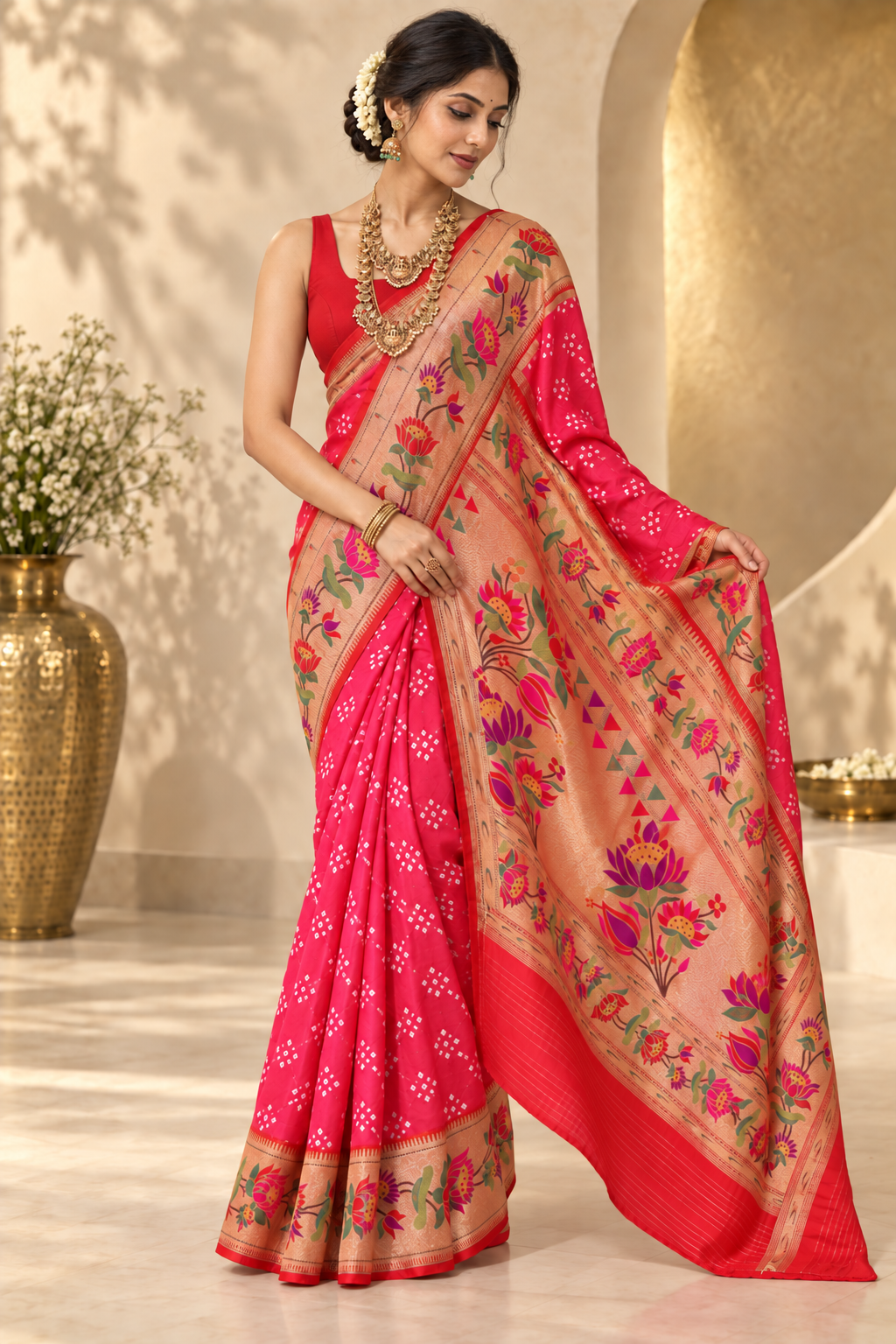Riva - Red Paithani Silk Saree with Tie-Dye Body and Zari Border