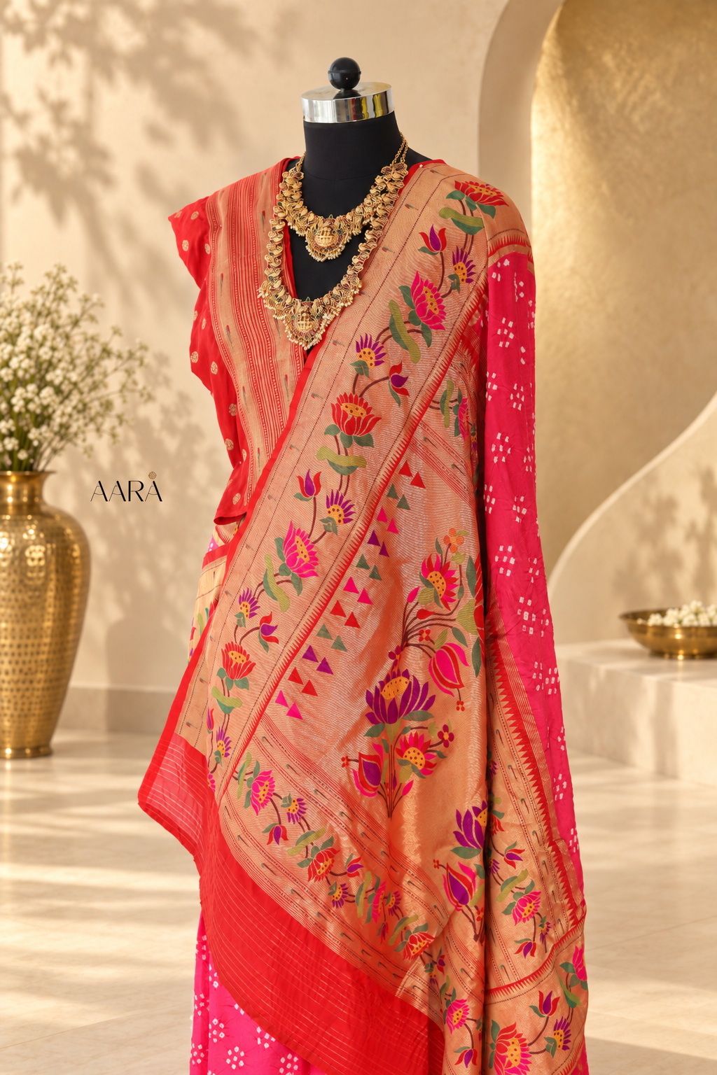 Riva - Red Paithani Silk Saree with Tie-Dye Body and Zari Border