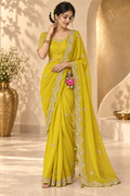 Riva - Yellow Mirror Work Organza Saree