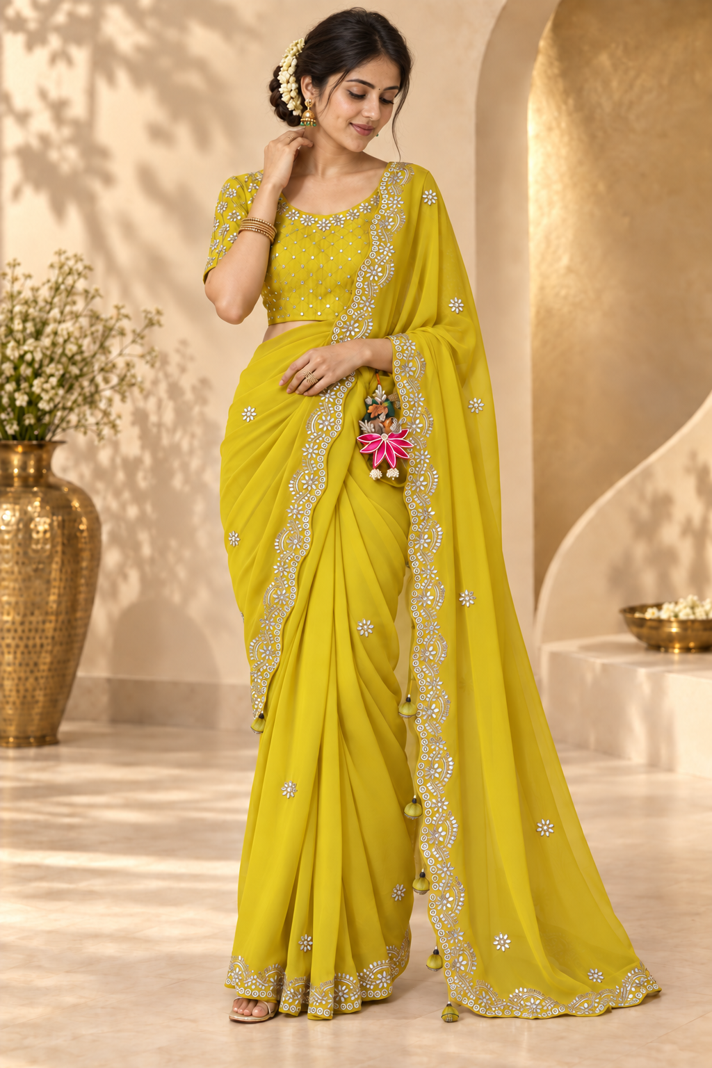 Riva - Yellow Mirror Work Organza Saree