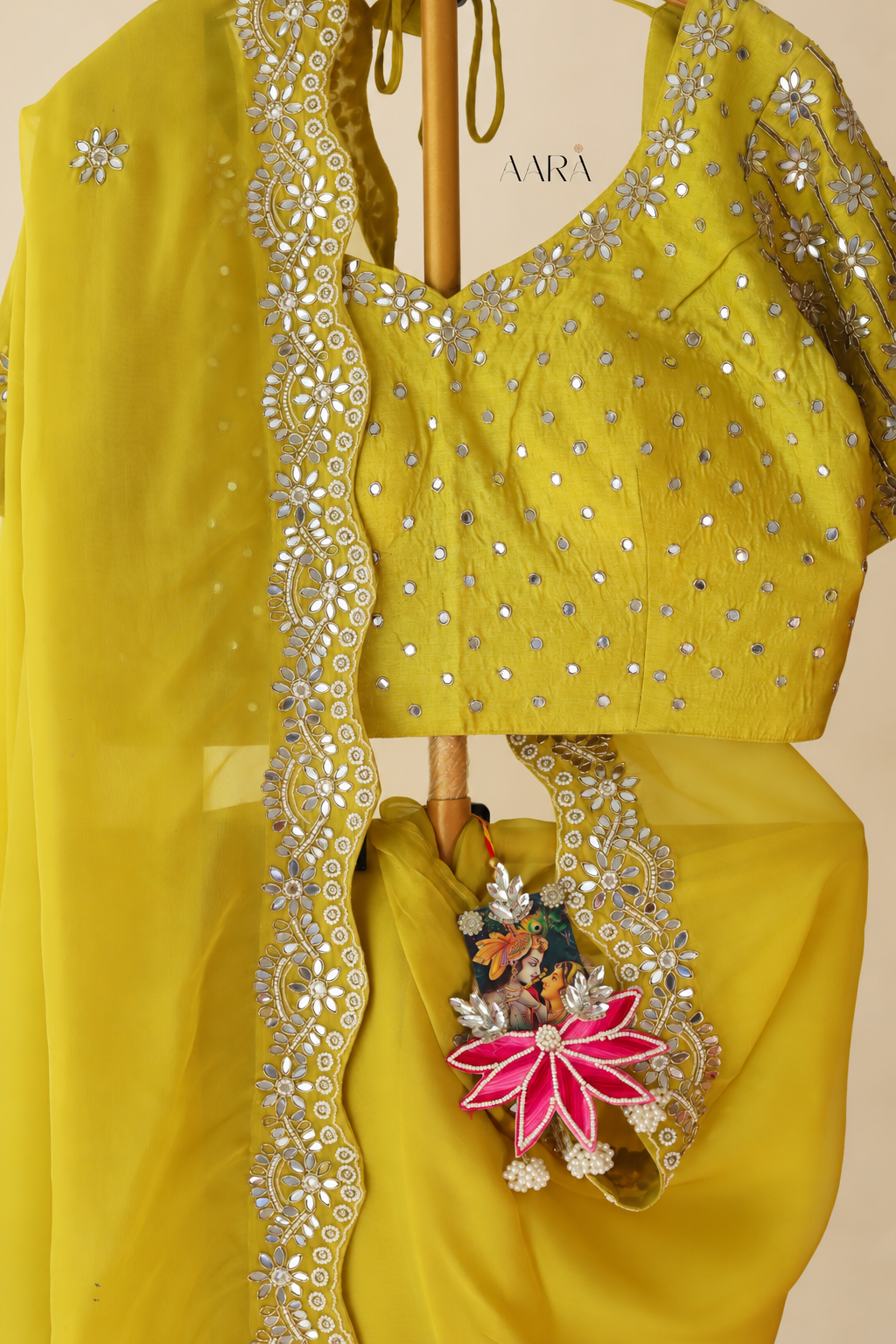 Riva - Yellow Mirror Work Organza Saree