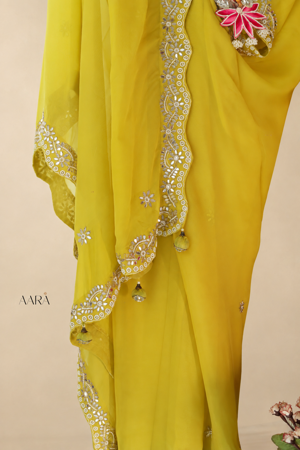 Riva - Yellow Mirror Work Organza Saree