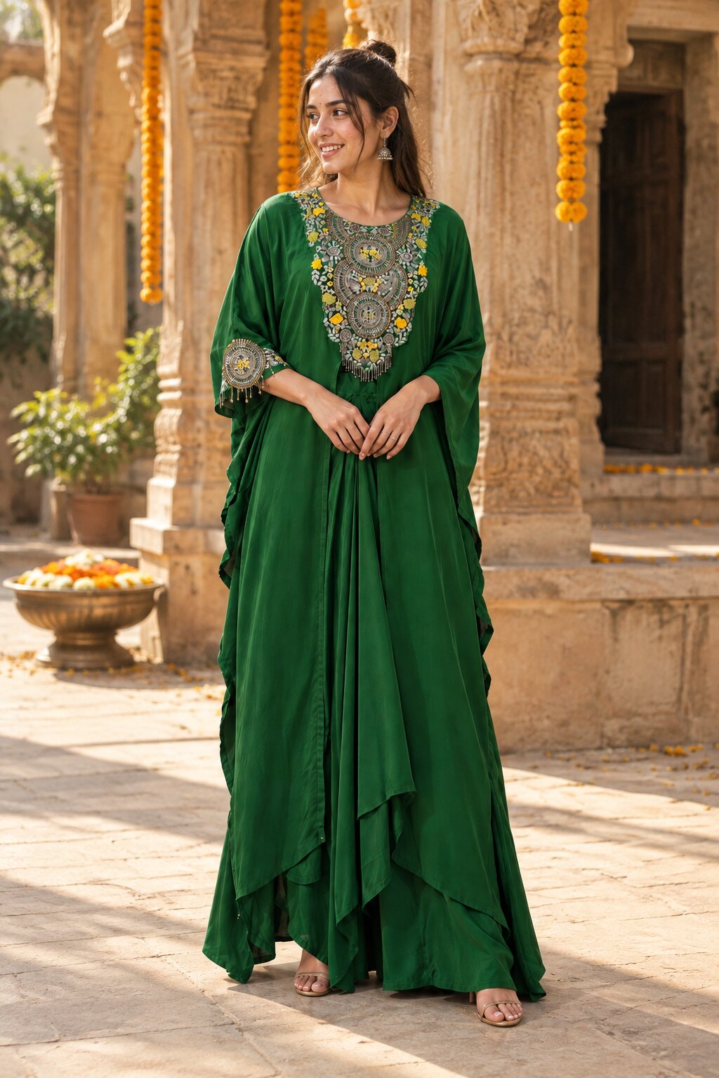 Gul - Green Embroidered Kaftan with Crop Top & Drape Skirt