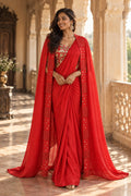 Riva - Red Pre-Draped Saree with Embroidered Wing Jacket