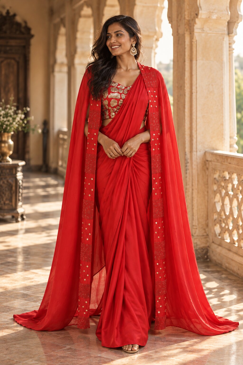 Riva - Red Pre-Draped Saree with Embroidered Wing Jacket