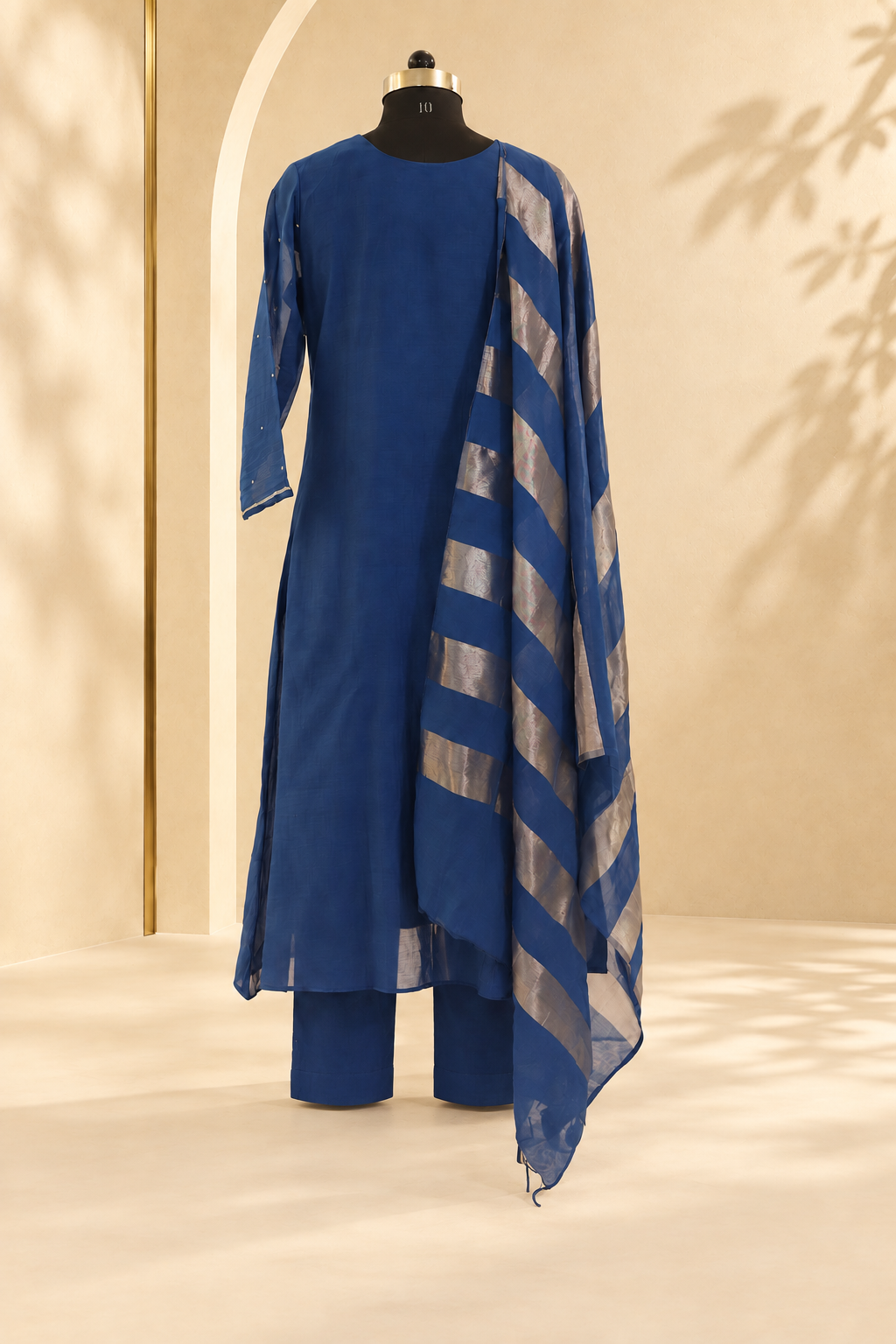 Amaira - Blue Embroidered Straight Kurta Set with Striped Dupatta