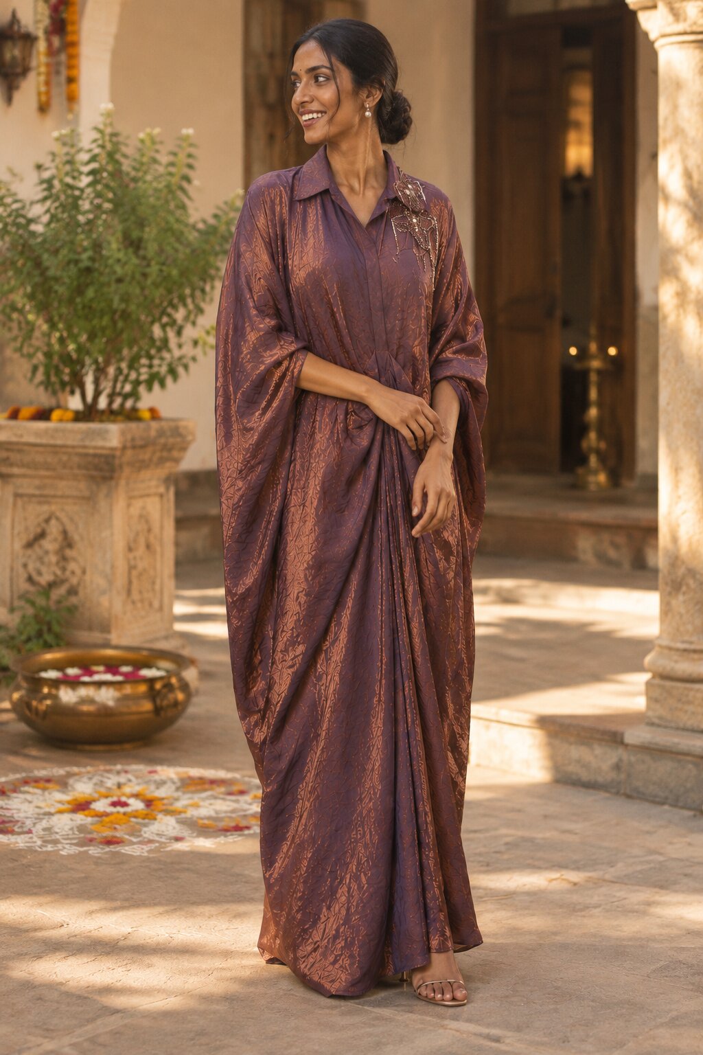 Gul - Purple Metallic Draped Kaftan Gown