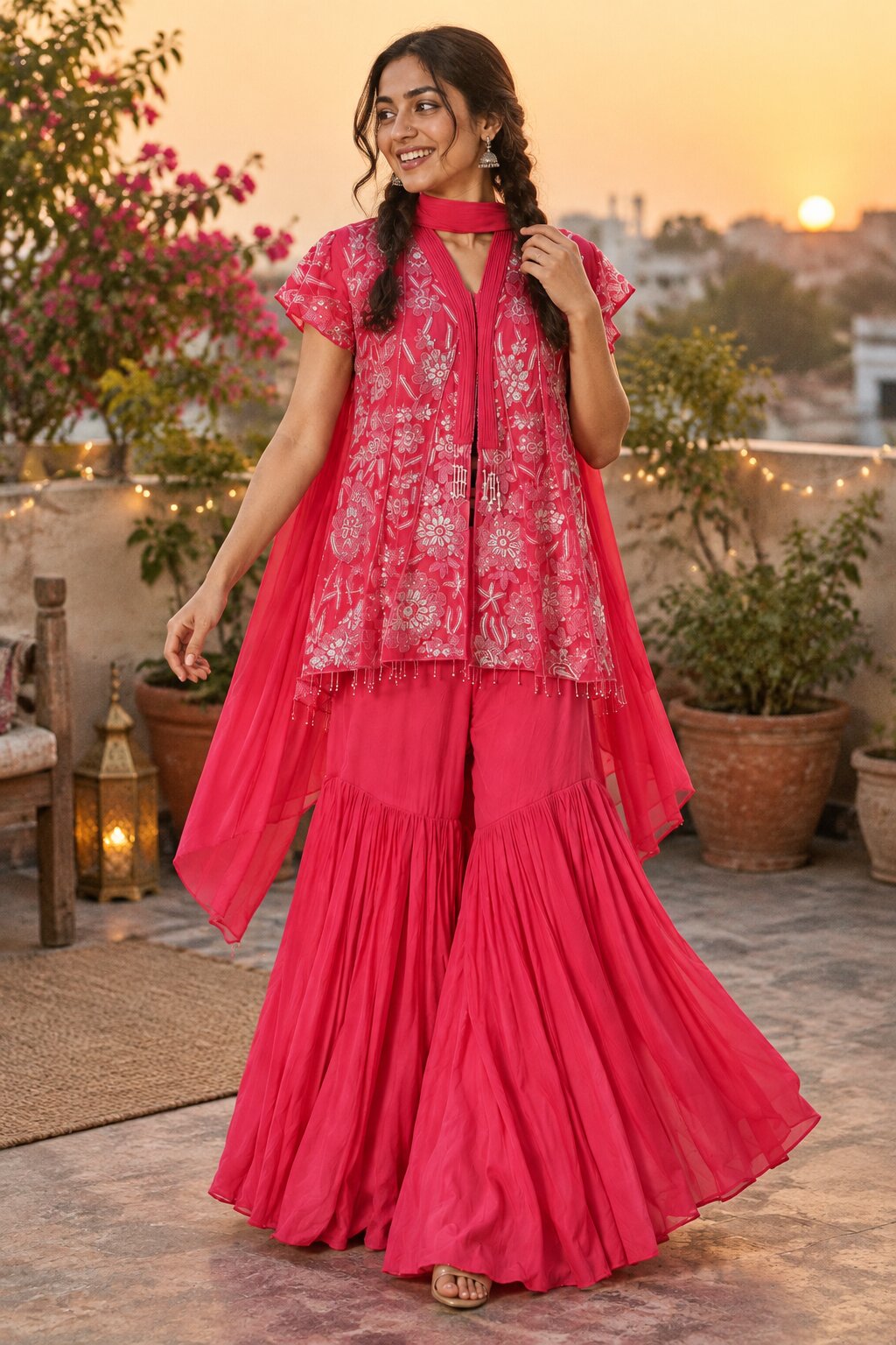 Aadhya - Rani Pink Sequin Embroidered Kurta Sharara Set