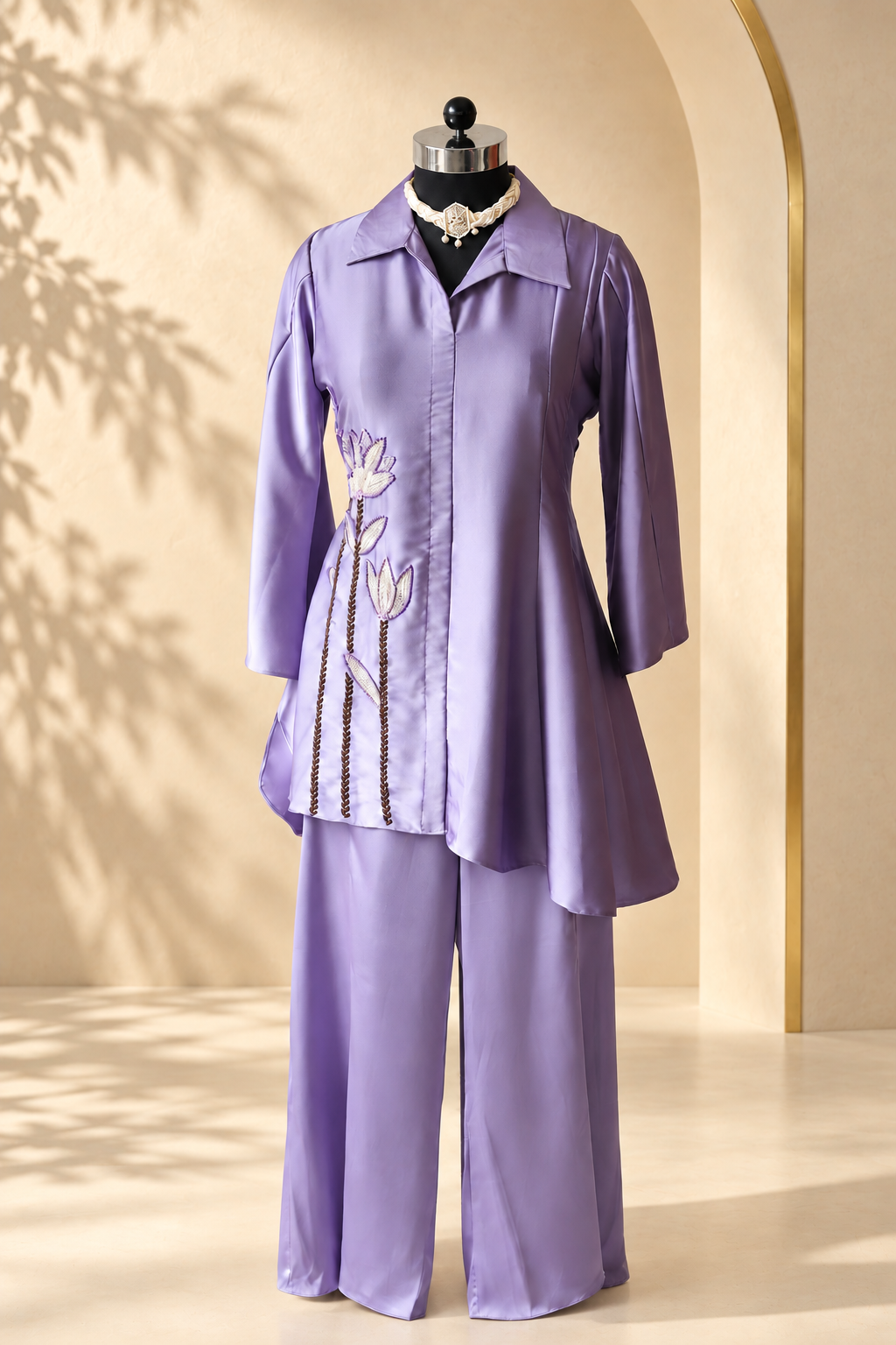 Inara - Lilac Satin Embroidered High-Low Shirt Co-ord Set