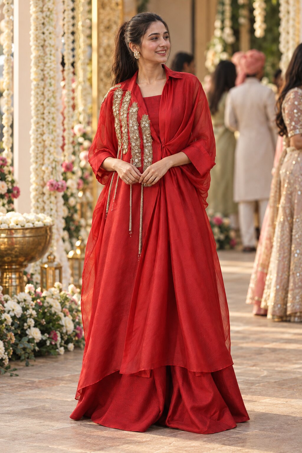 Aadhya - Red Embroidered Cape-Style Crop Top and Palazzo Set