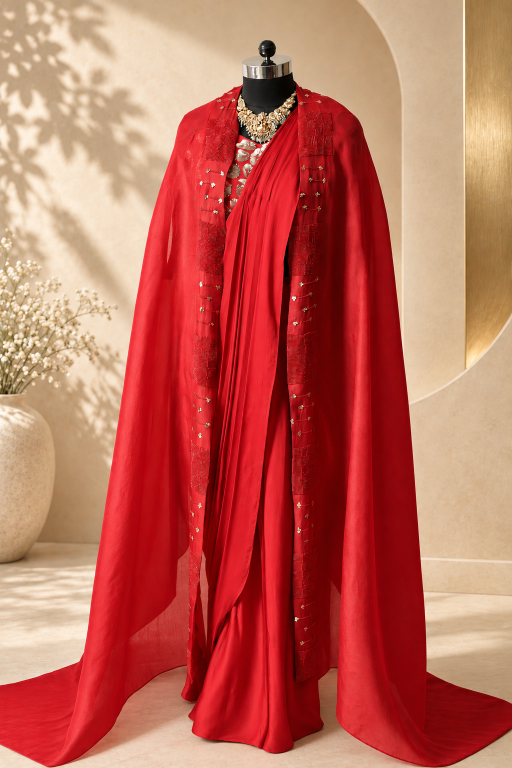 Riva - Red Pre-Draped Saree with Embroidered Wing Jacket