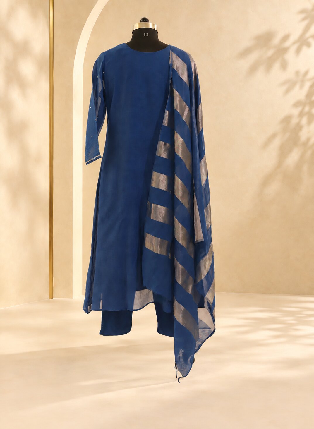 Amaira - Blue Embroidered Straight Kurta Set with Striped Dupatta