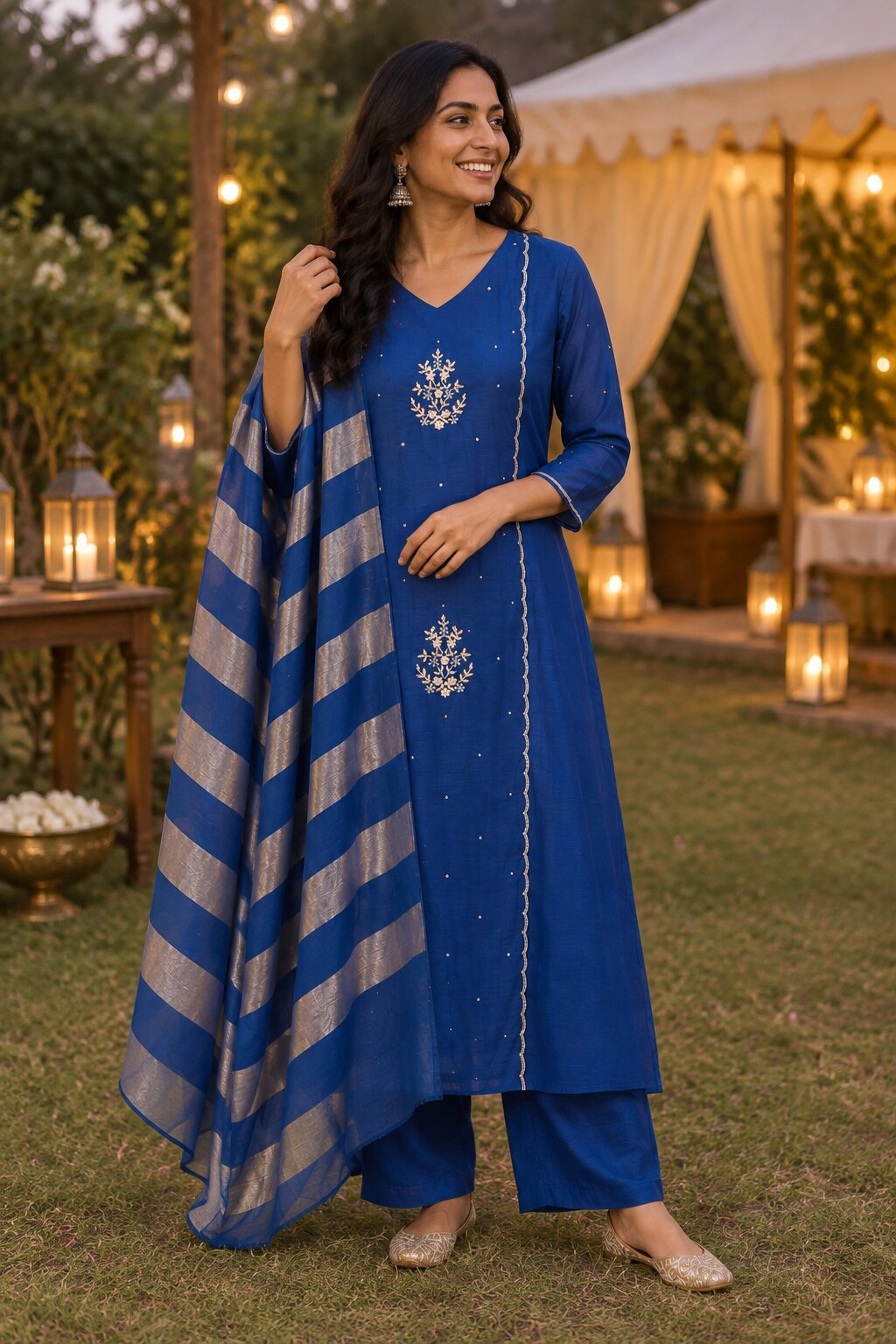 Amaira - Blue Embroidered Straight Kurta Set with Striped Dupatta