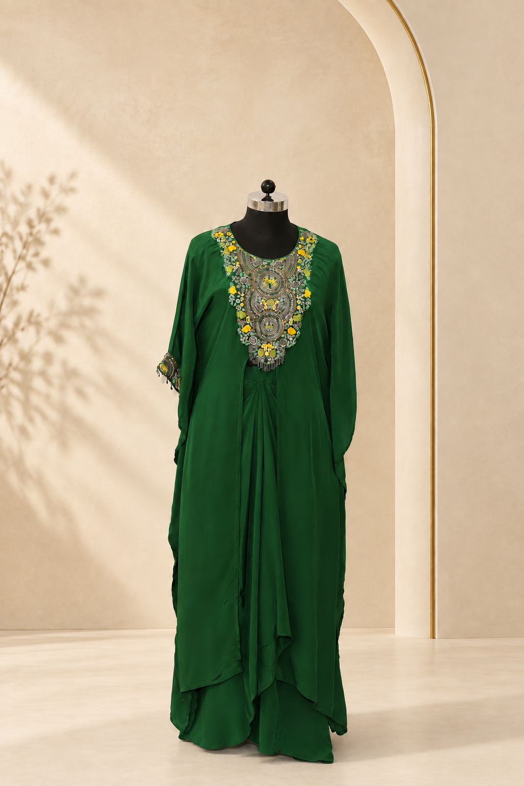 Gul - Green Embroidered Kaftan with Crop Top & Drape Skirt