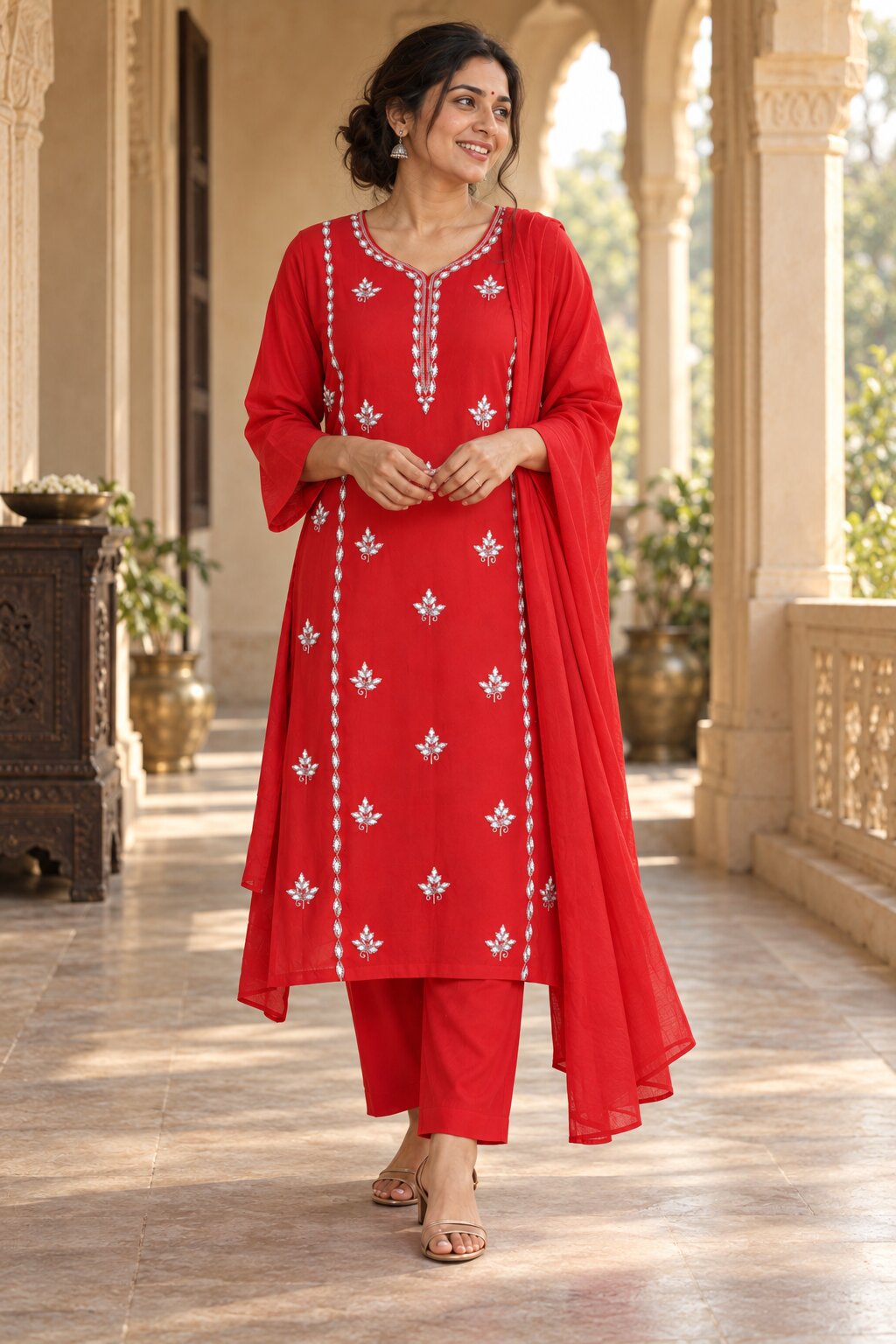 Amaira - Red Embroidered Straight Kurta Set with Dupatta