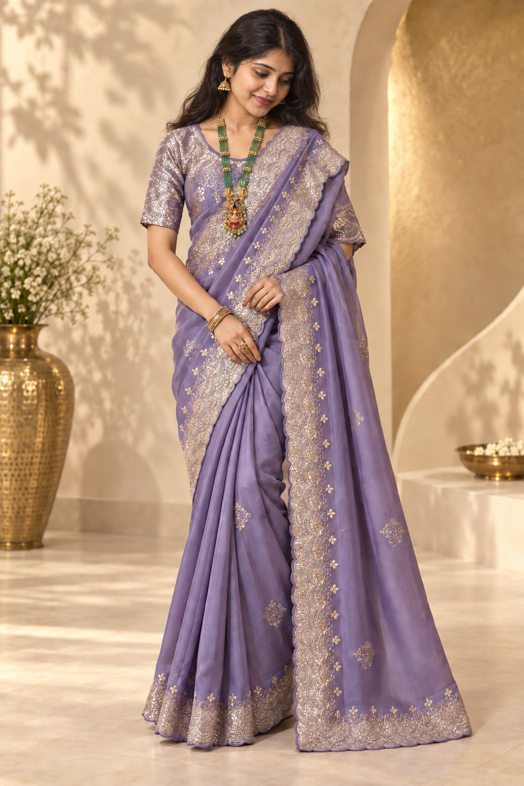Riva - Lavender Silk Tissue Saree with Embroidered Scalloped Border