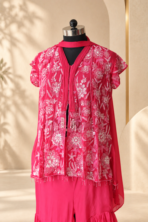 Aadhya - Rani Pink Sequin Embroidered Kurta Sharara Set