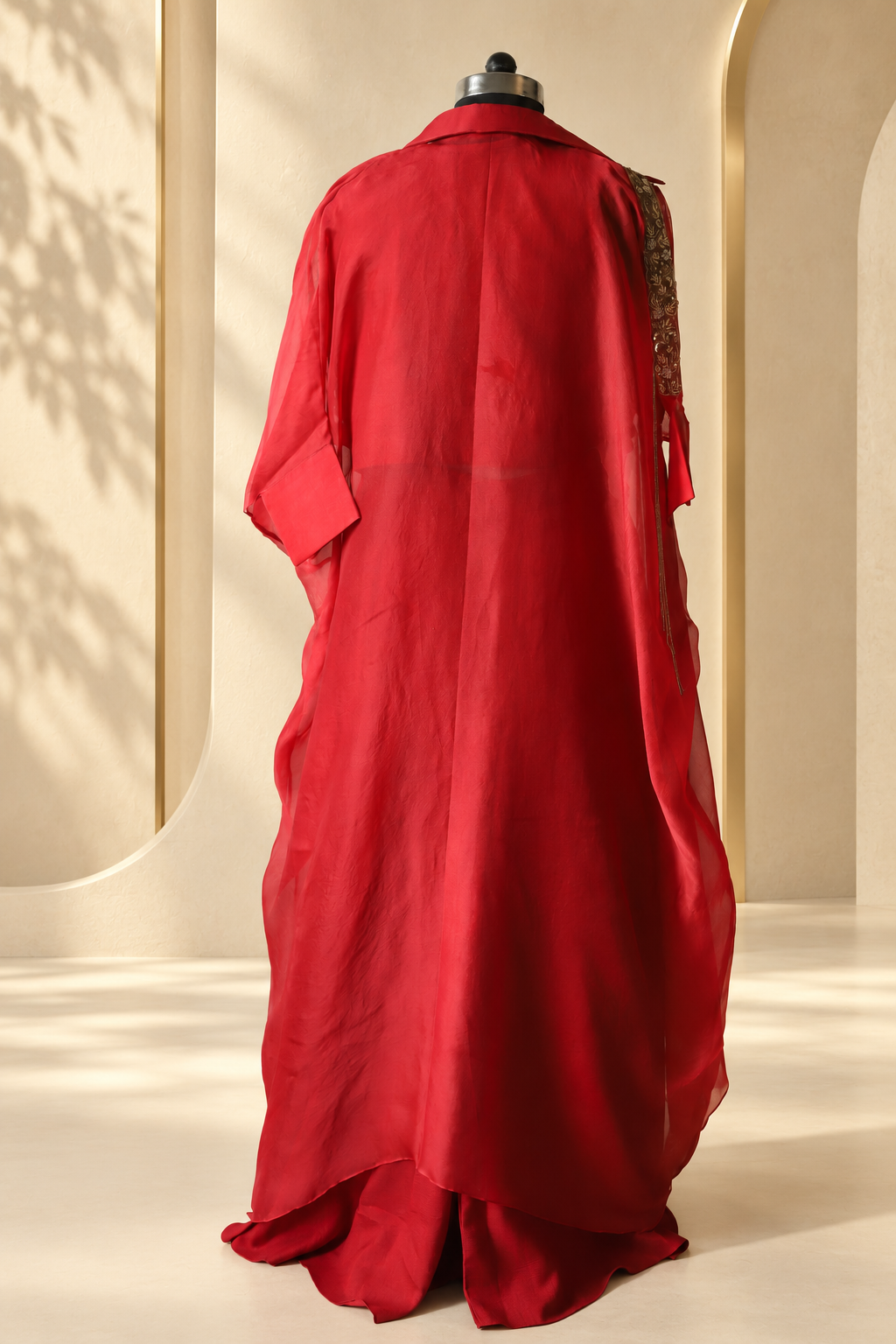 Aadhya - Red Embroidered Cape-Style Crop Top and Palazzo Set