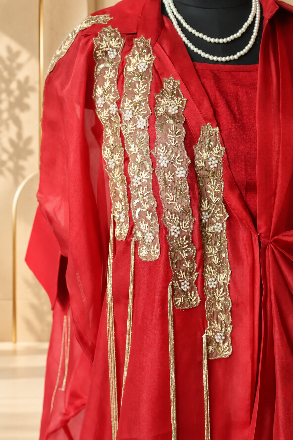 Aadhya - Red Embroidered Cape-Style Crop Top and Palazzo Set