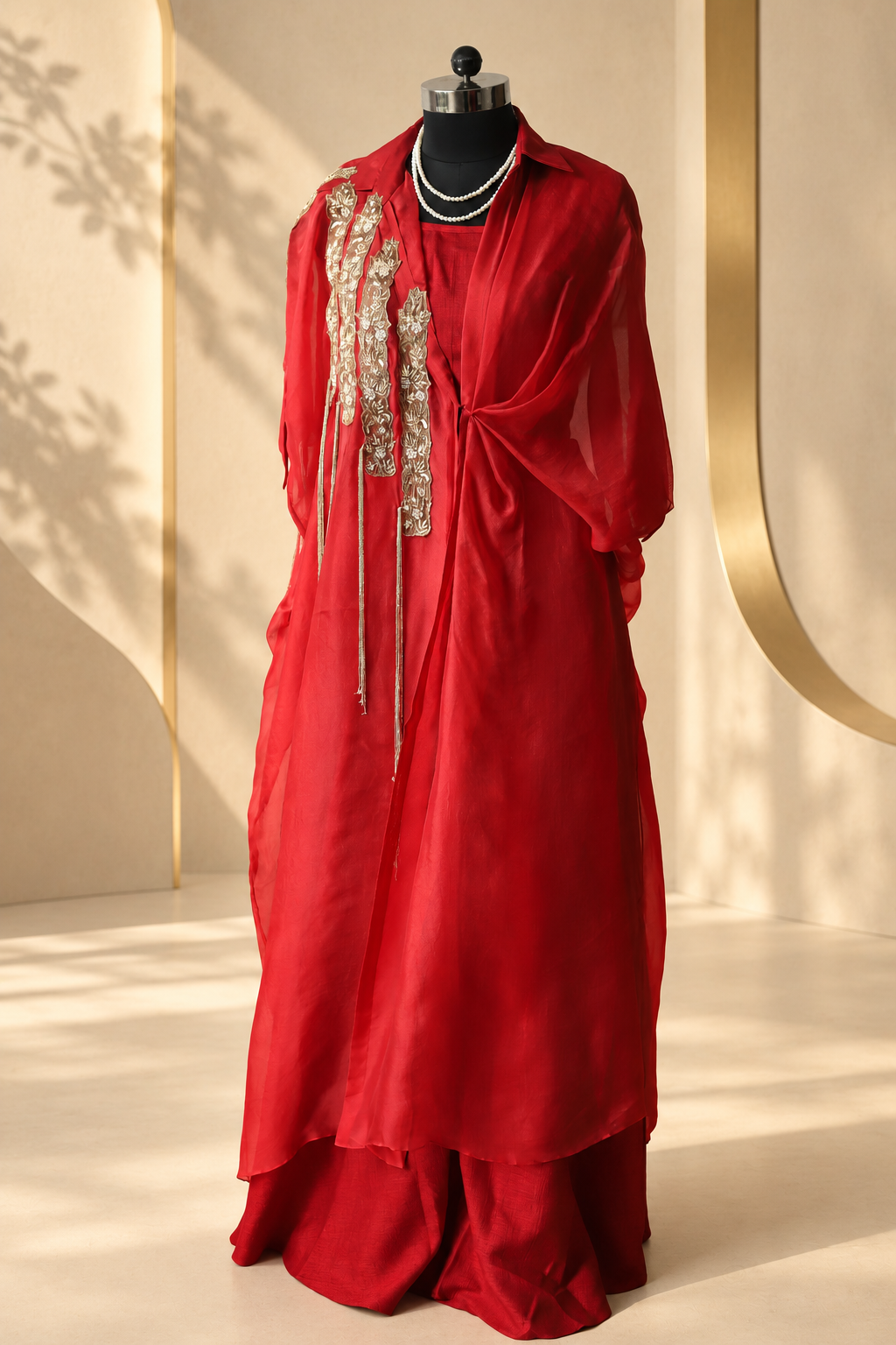Aadhya - Red Embroidered Cape-Style Crop Top and Palazzo Set