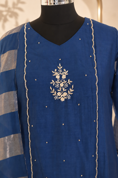 Amaira - Blue Embroidered Straight Kurta Set with Striped Dupatta