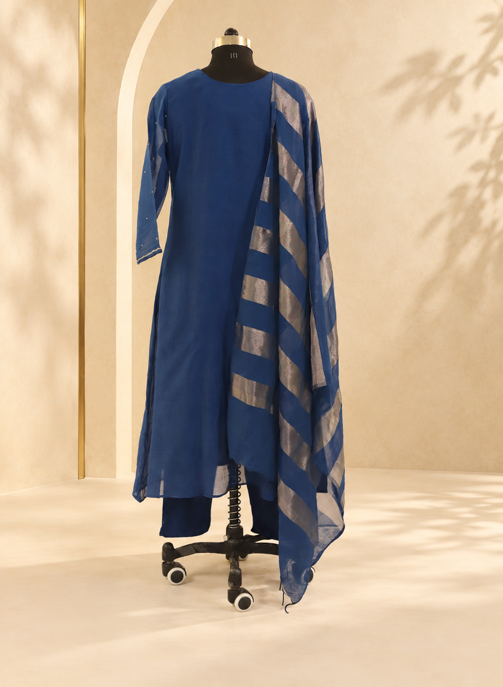 Amaira - Blue Embroidered Straight Kurta Set with Striped Dupatta