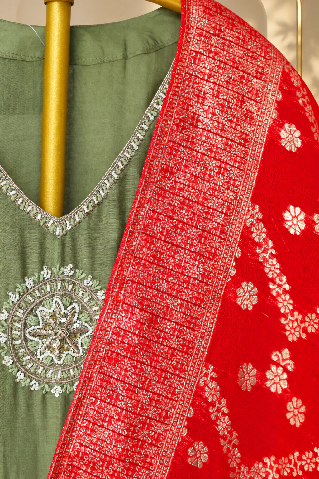 Amaira - Sage Green Embroidered Kurta Set with Banarasi Dupatta