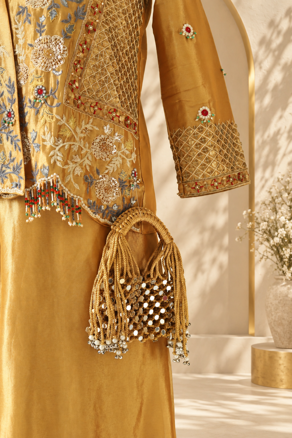 Aadhya - Antique Gold Embroidered Blazer Palazzo Set