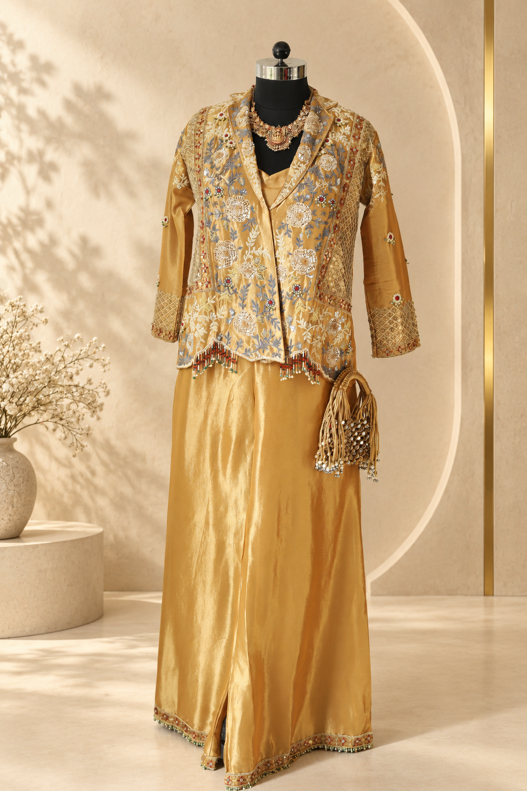 Aadhya - Antique Gold Embroidered Blazer Palazzo Set