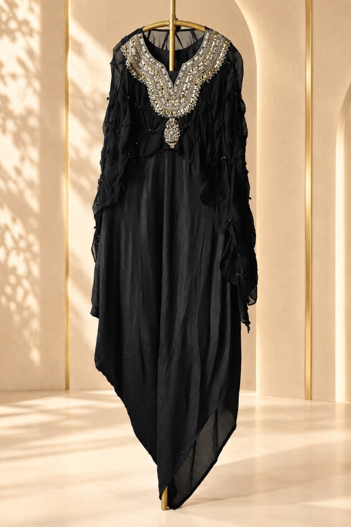 Kiara - Black Embroidered Drape Dress with Cape