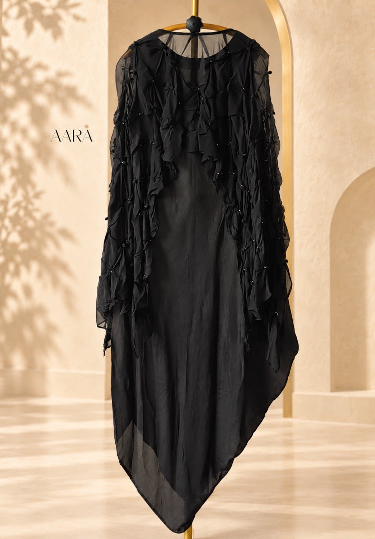 Kiara - Black Embroidered Drape Dress with Cape