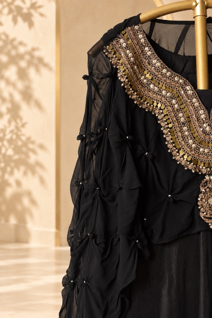 Kiara - Black Embroidered Drape Dress with Cape