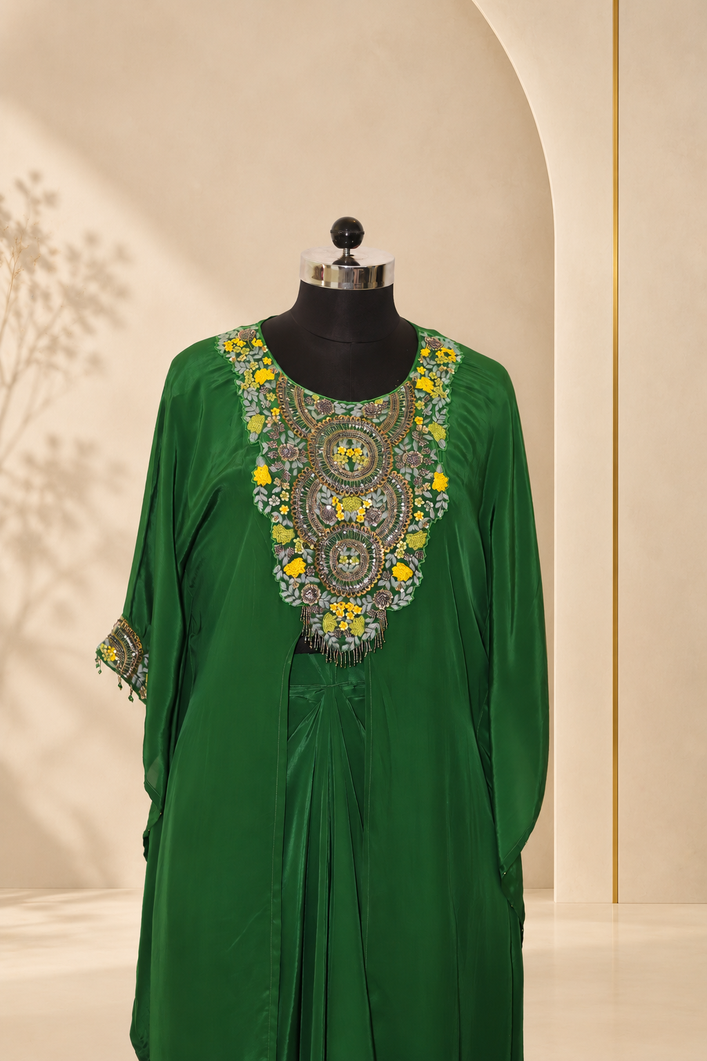 Gul - Green Embroidered Kaftan with Crop Top & Drape Skirt