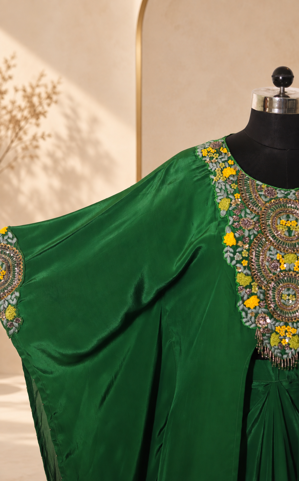 Gul - Green Embroidered Kaftan with Crop Top & Drape Skirt