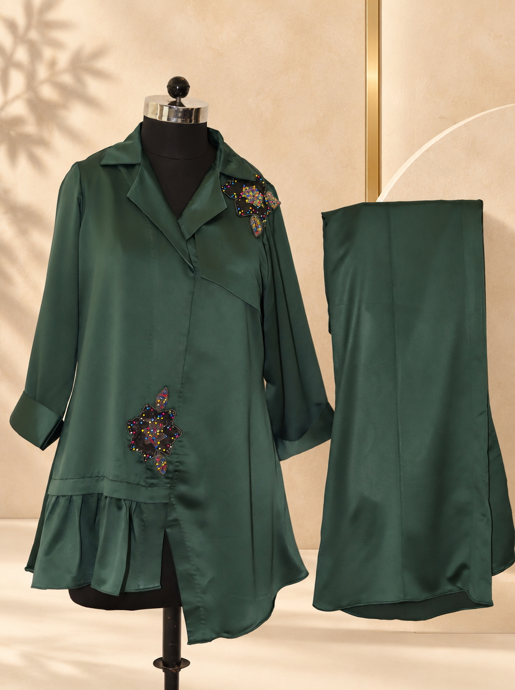 Inara - Bottle Green Satin Embroidered Tunic Co-ord Set