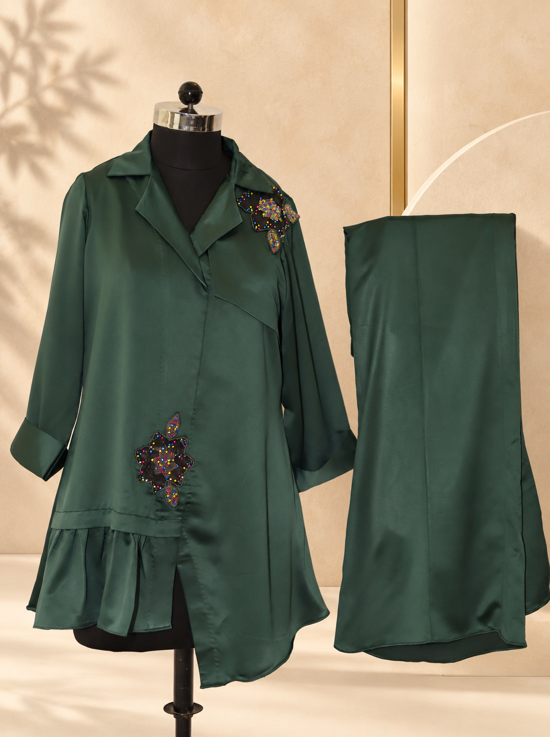 Inara - Bottle Green Satin Embroidered Tunic Co-ord Set