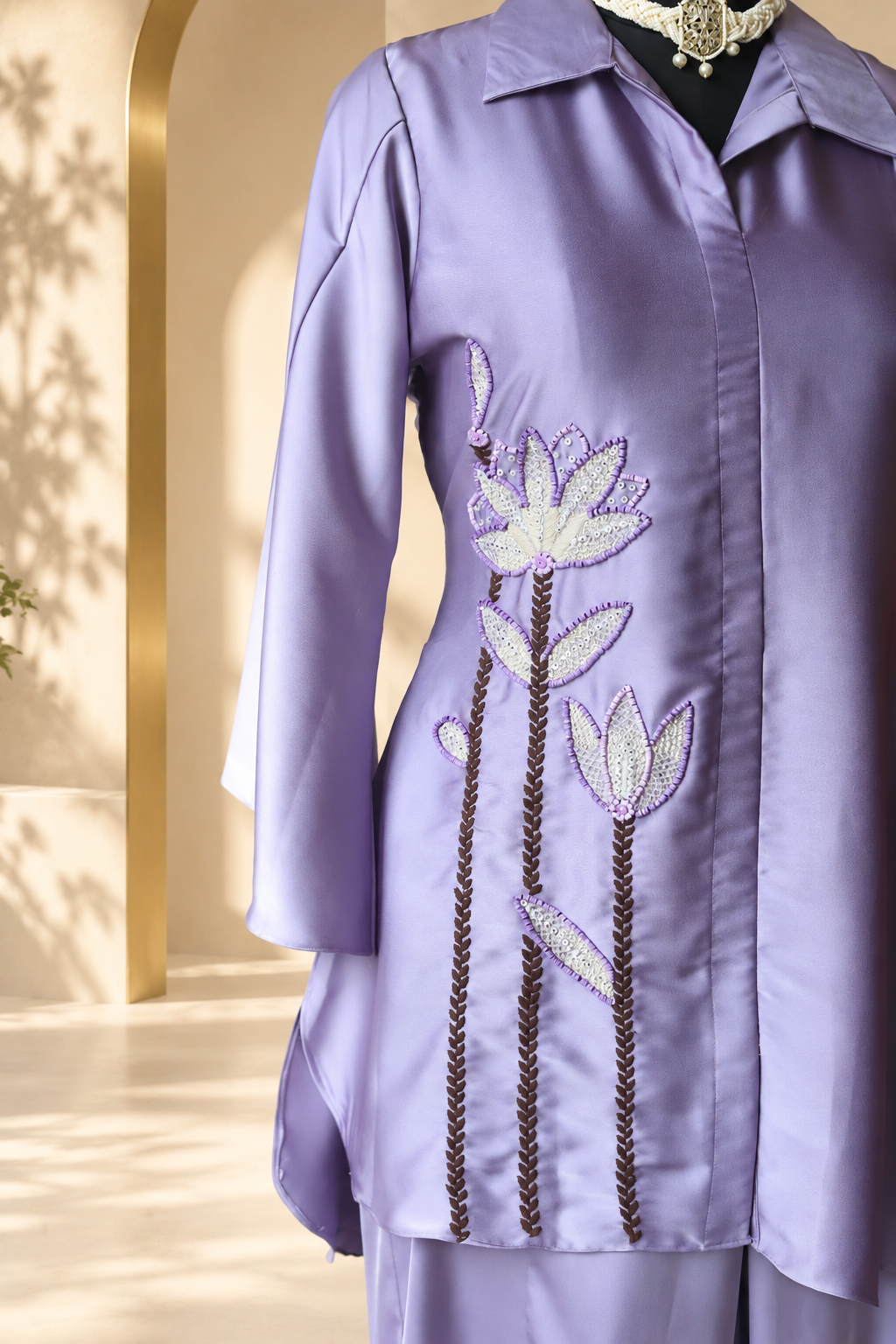 Inara - Lilac Satin Embroidered High-Low Shirt Co-ord Set