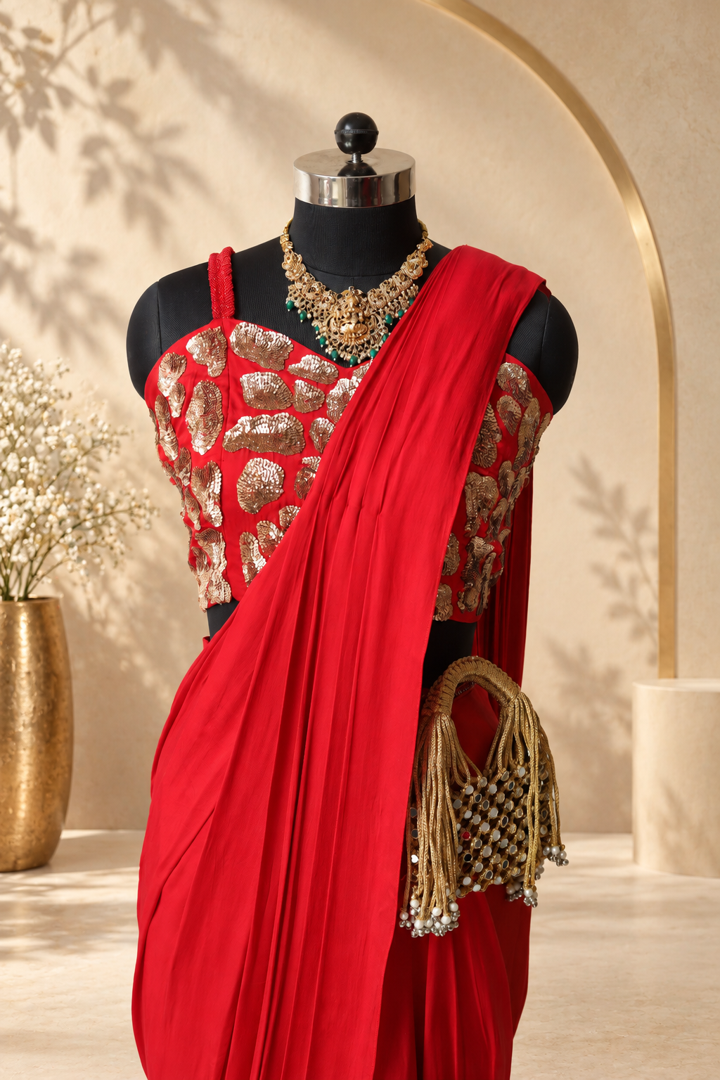 Riva - Red Pre-Draped Saree with Embroidered Wing Jacket