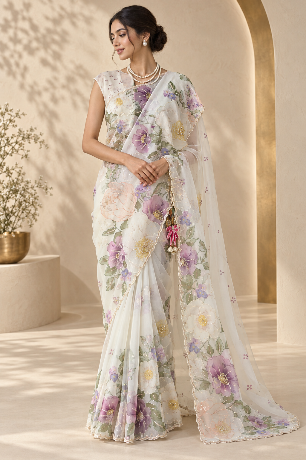 Riva - White Floral Printed Chiffon Saree with Scalloped Border