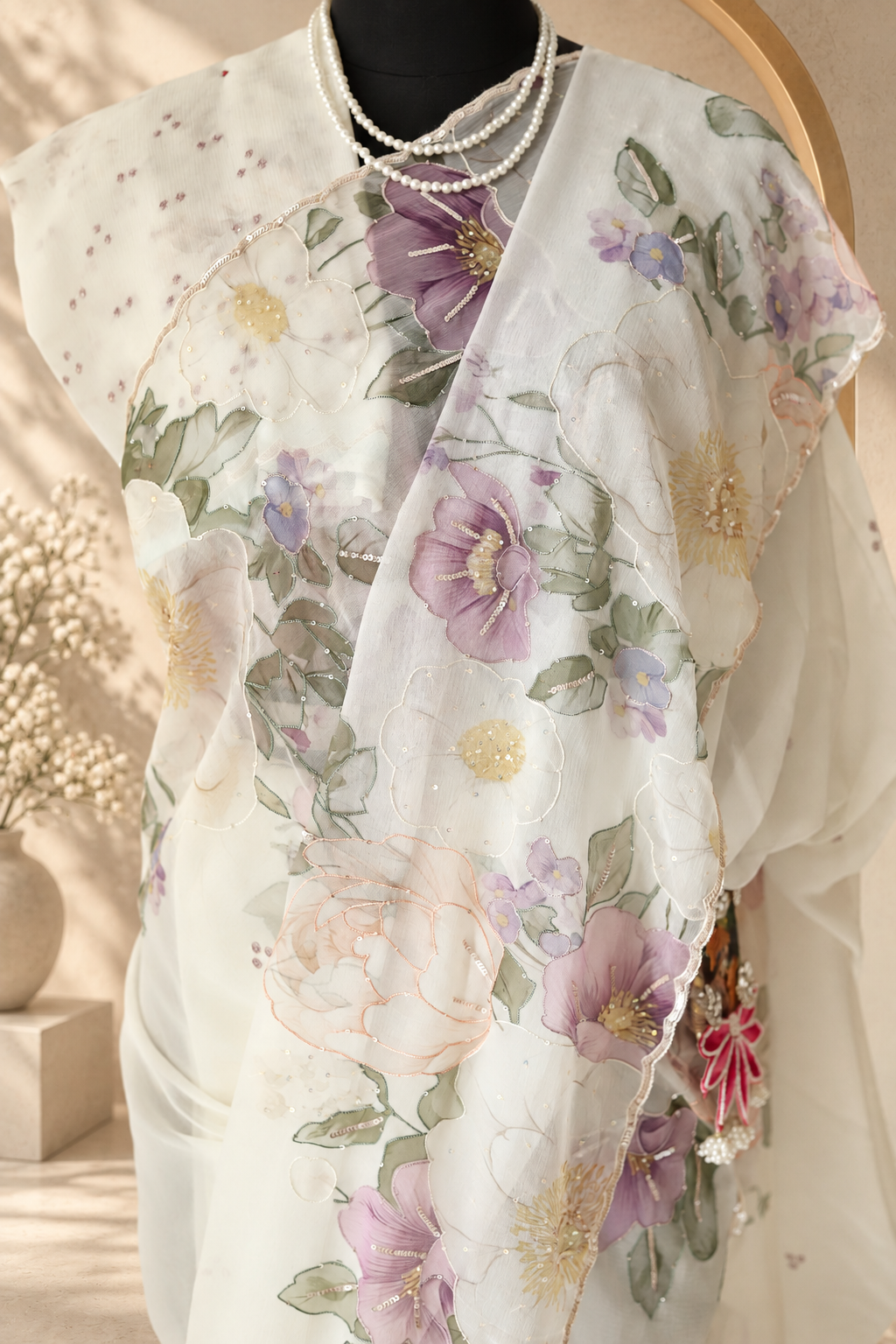 Riva - White Floral Printed Chiffon Saree with Scalloped Border