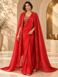 Riva - Red Pre-Draped Saree with Embroidered Wing Jacket