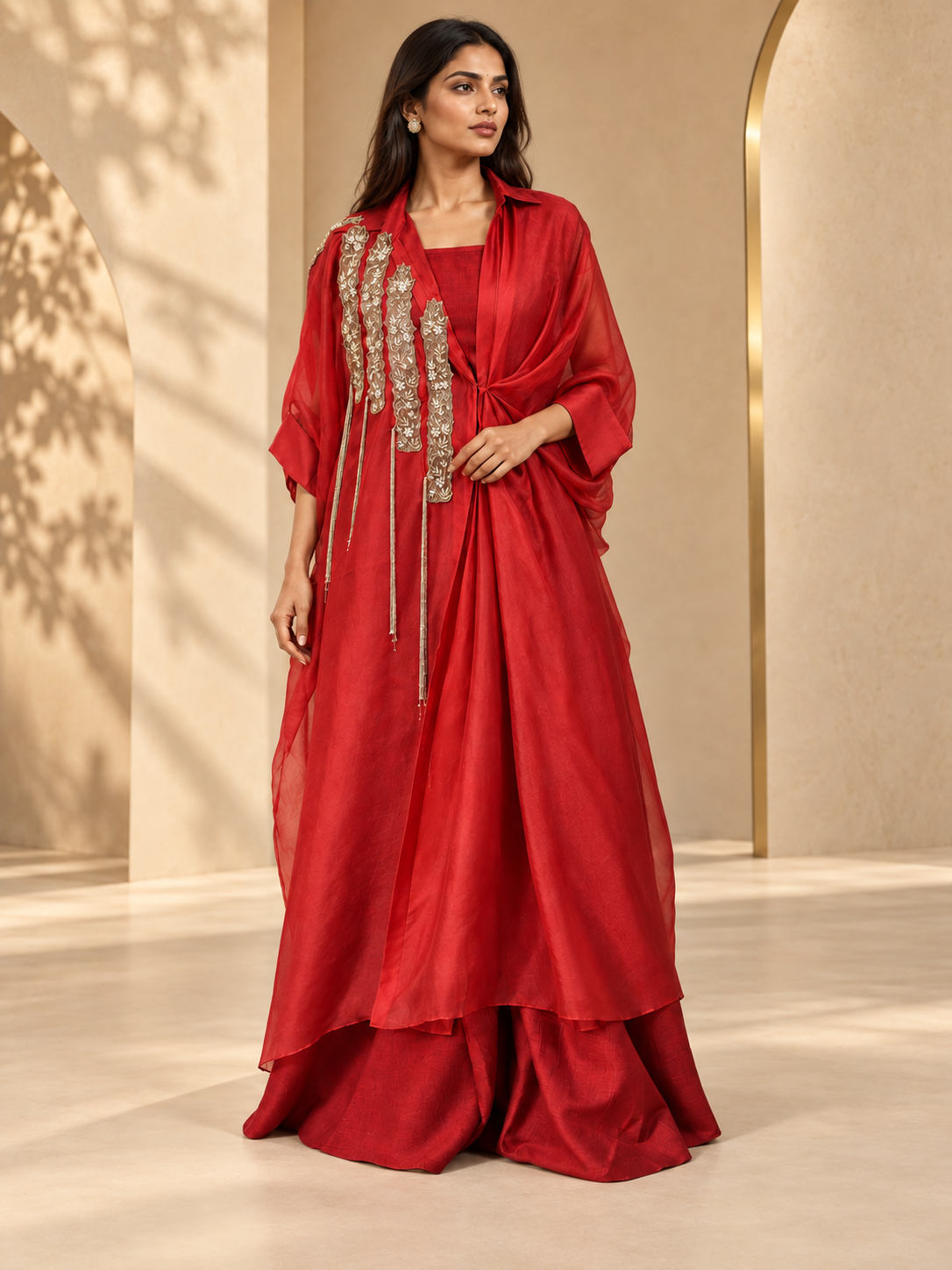 Aadhya - Red Embroidered Cape-Style Crop Top and Palazzo Set