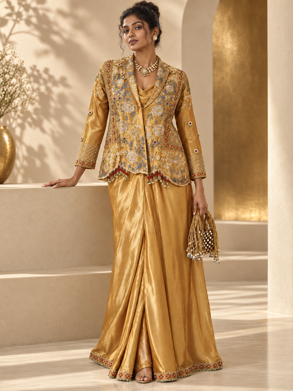 Aadhya - Antique Gold Embroidered Blazer Palazzo Set